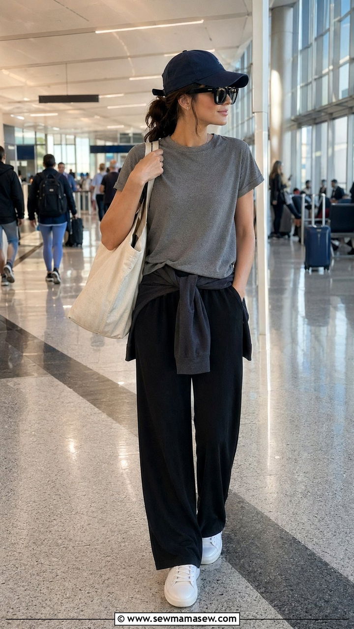 Wide Leg Jersey Pants and Baseball Cap Airport Outfit - 30 Airport outfit ideas with wide leg pants