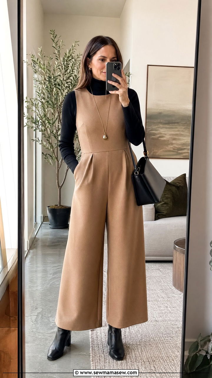 Wide Leg Jumpsuit Layered Over Turtleneck - 35 Wide leg jumpsuit outfit ideas
