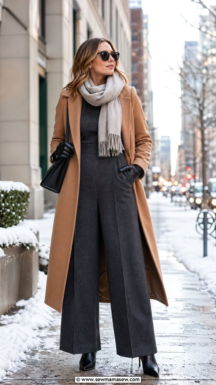 Wide Leg Jumpsuit Winter Outfit with Coat - 35 Wide leg jumpsuit outfit ideas