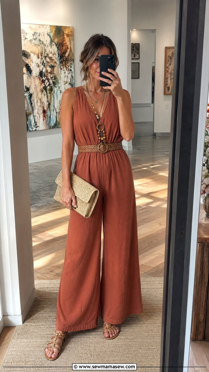 Wide Leg Jumpsuit With Layered Necklaces Spring Boho - 35 spring boho outfit ideas