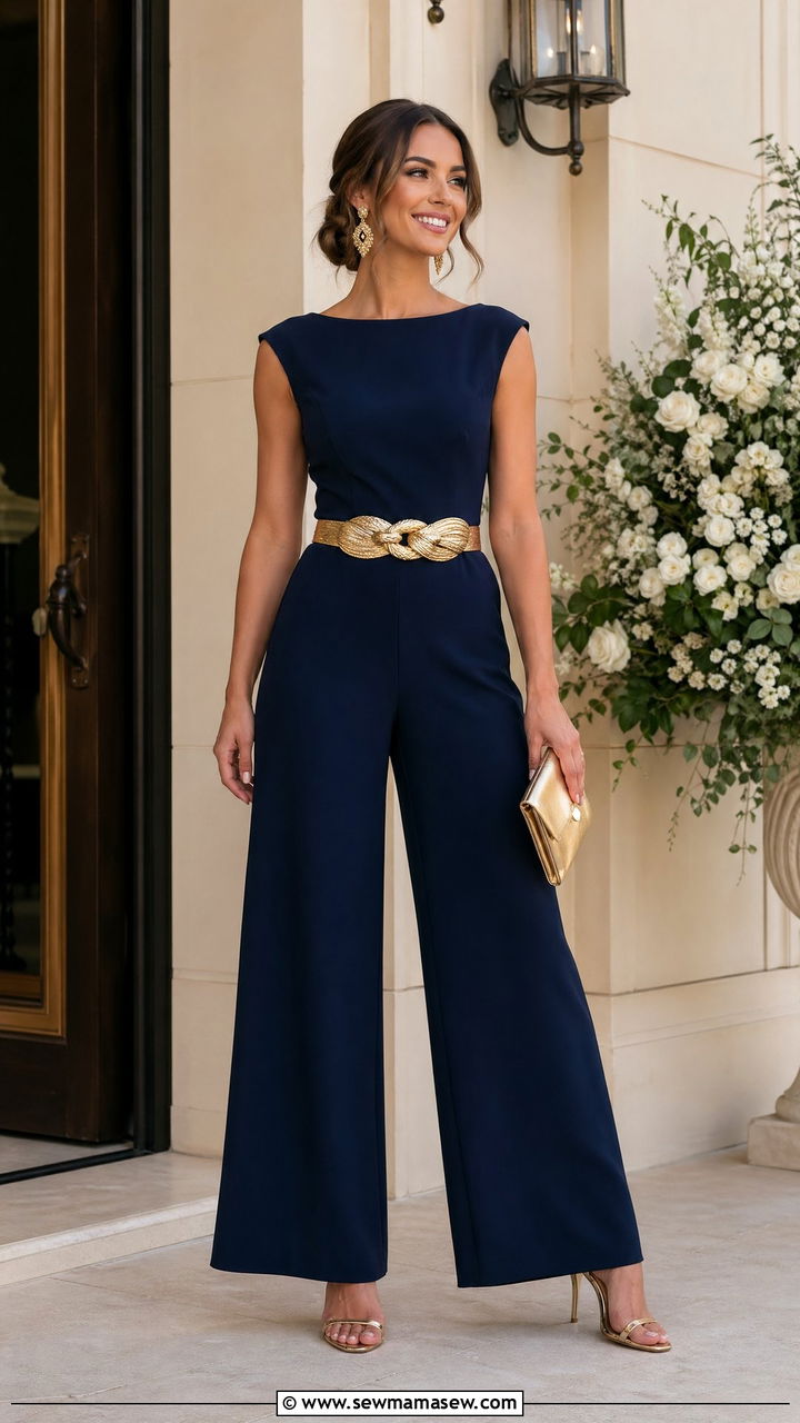 Wide Leg Jumpsuit With Statement Belt - 35 Wedding guest wide leg pants outfit ideas