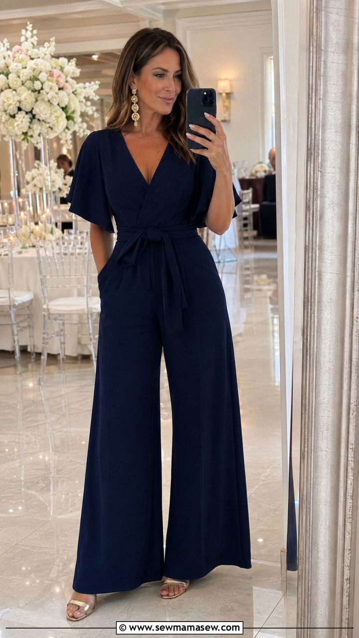 Wide Leg Jumpsuit With Statement Earrings - 30 wedding guest outfits for women over 30