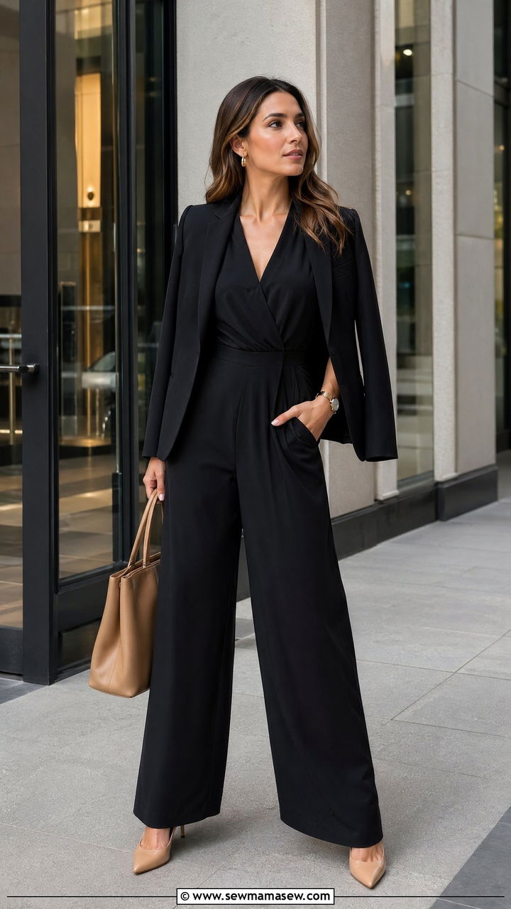 Wide Leg Jumpsuit with Blazer for Office - 35 Wide leg jumpsuit outfit ideas