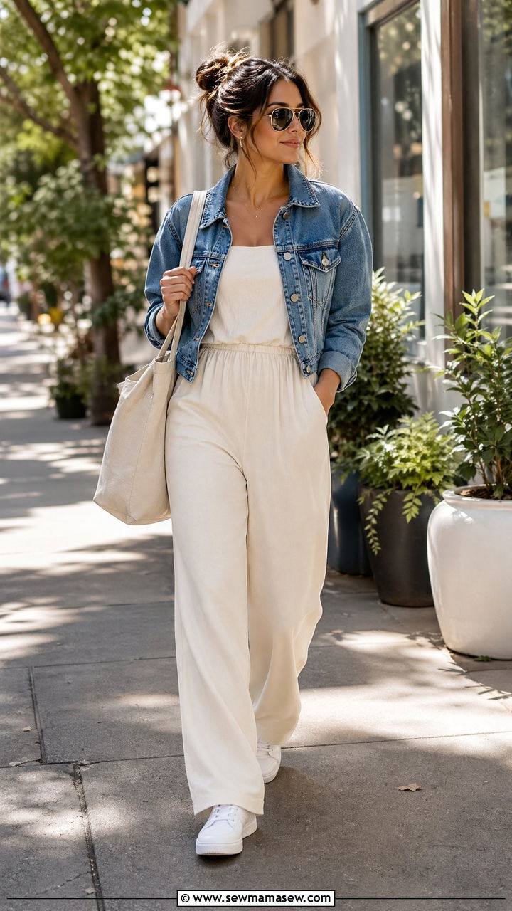 Wide Leg Jumpsuit with Denim Jacket Casual - 35 Wide leg jumpsuit outfit ideas