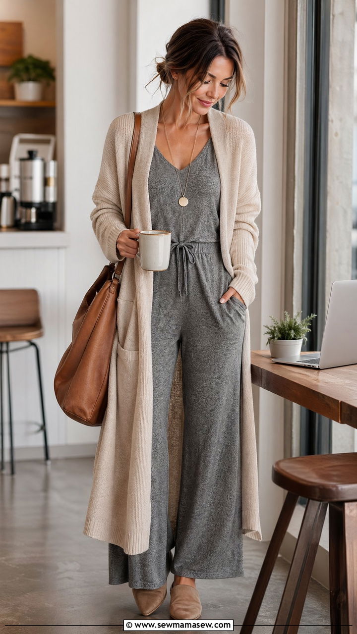 Wide Leg Jumpsuit with Long Cardigan Layers - 35 Wide leg jumpsuit outfit ideas