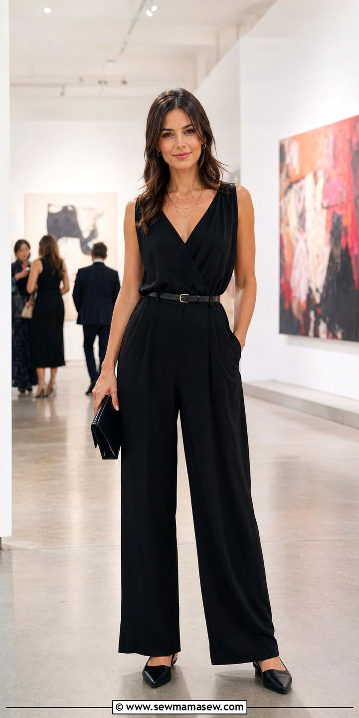 Wide Leg Jumpsuit with a Belt and Pointed Flats - 35 Petite outfits for women over 40