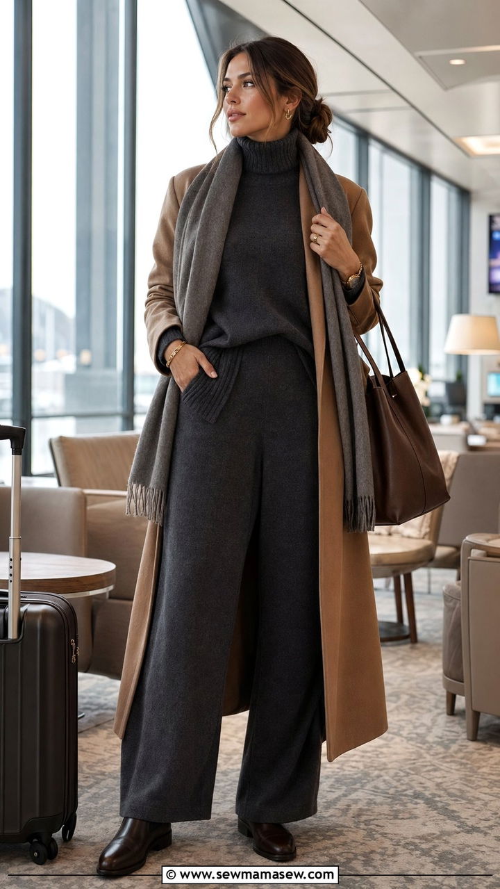 Wide Leg Knit Pants and Turtleneck Airport Outfit - 30 Airport outfit ideas with wide leg pants