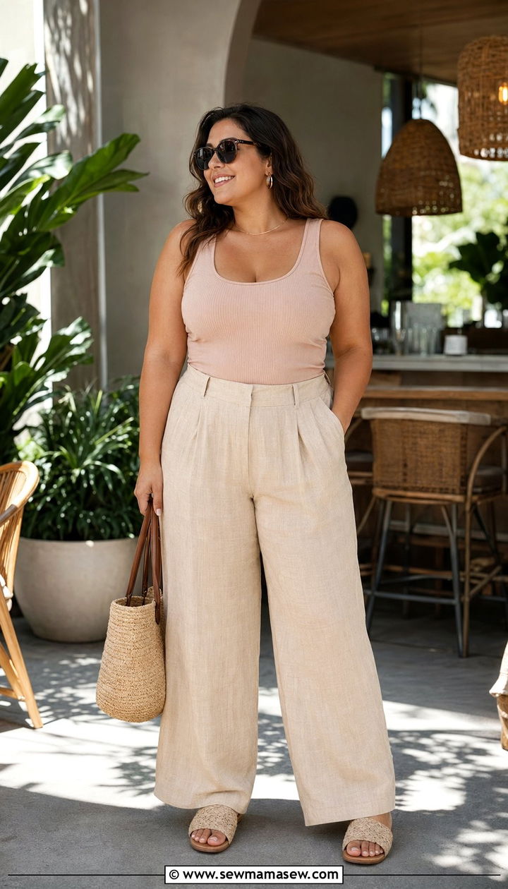 Wide Leg Linen Pants And Ribbed Tank Summer Outfit - 35 Plus size outfit ideas size 20 summer