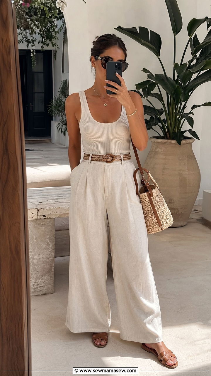 Wide Leg Linen Pants And Tank Top Resort Outfit - 35 what to wear on a resort vacation