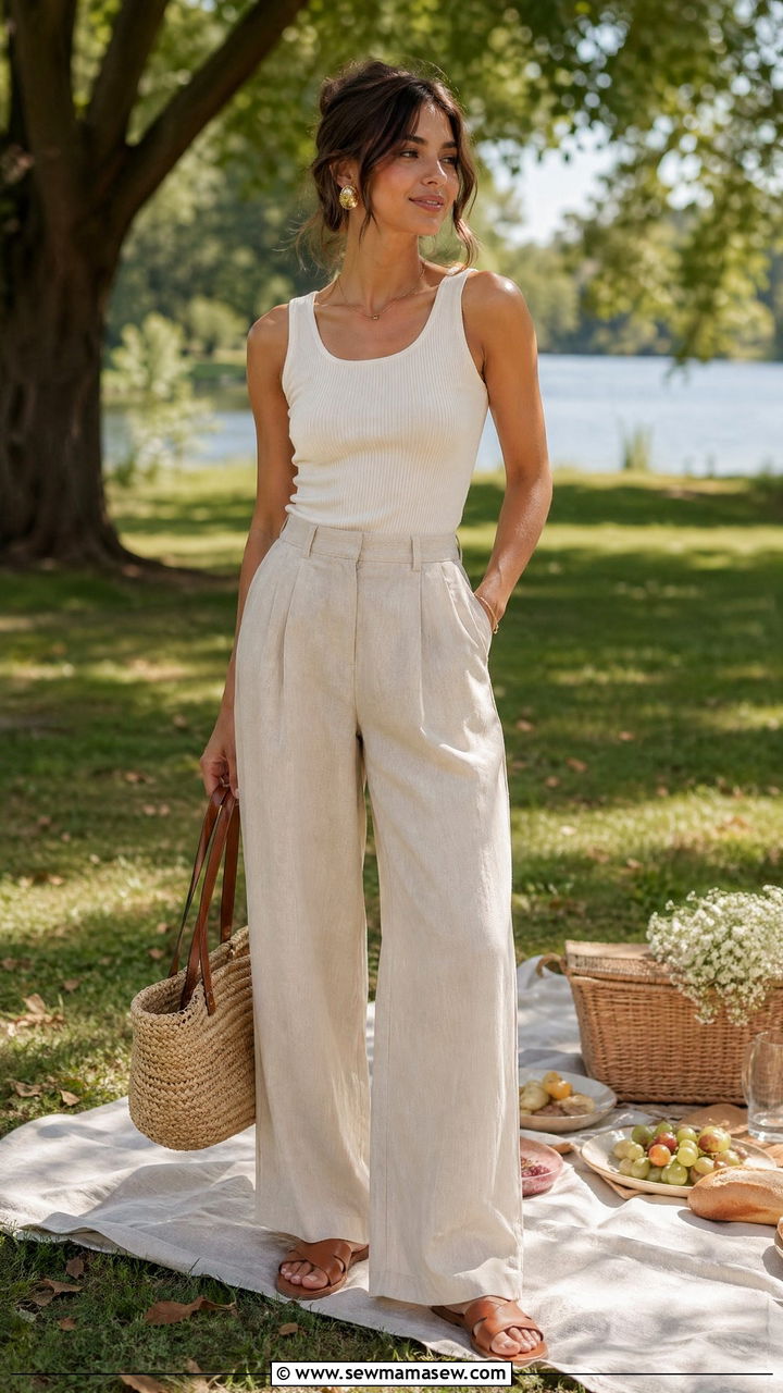 Wide Leg Linen Pants With Ribbed Tank Top - 35 What to wear for a summer picnic