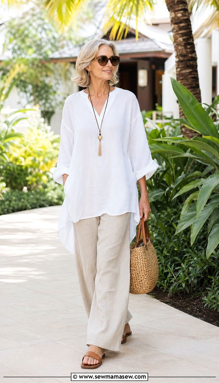 Wide Leg Linen Pants With a Tunic Top - 35 Resort wear outfit ideas for women over 50