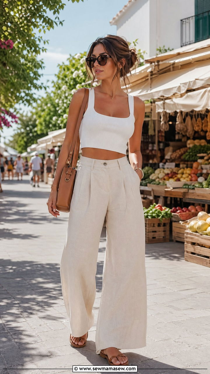 Wide Leg Linen Pants and Crop Top Outfit - 35 Summer outdoor outfits