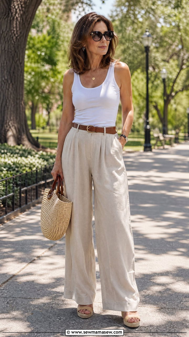 Wide Leg Linen Pants with Fitted Tank Summer Outfit - 35 summer outfit ideas for women over 40