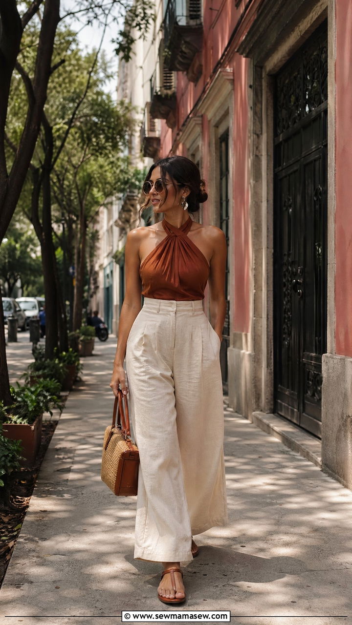 Wide Leg Linen Pants with Halter Top Mexico Summer Outfit - 35 Summer Mexico outfit ideas