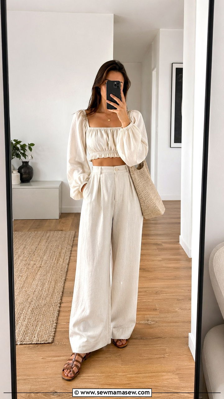 Wide Leg Linen Trousers With Cropped Blouse - 30 Spring boho outfits 2026