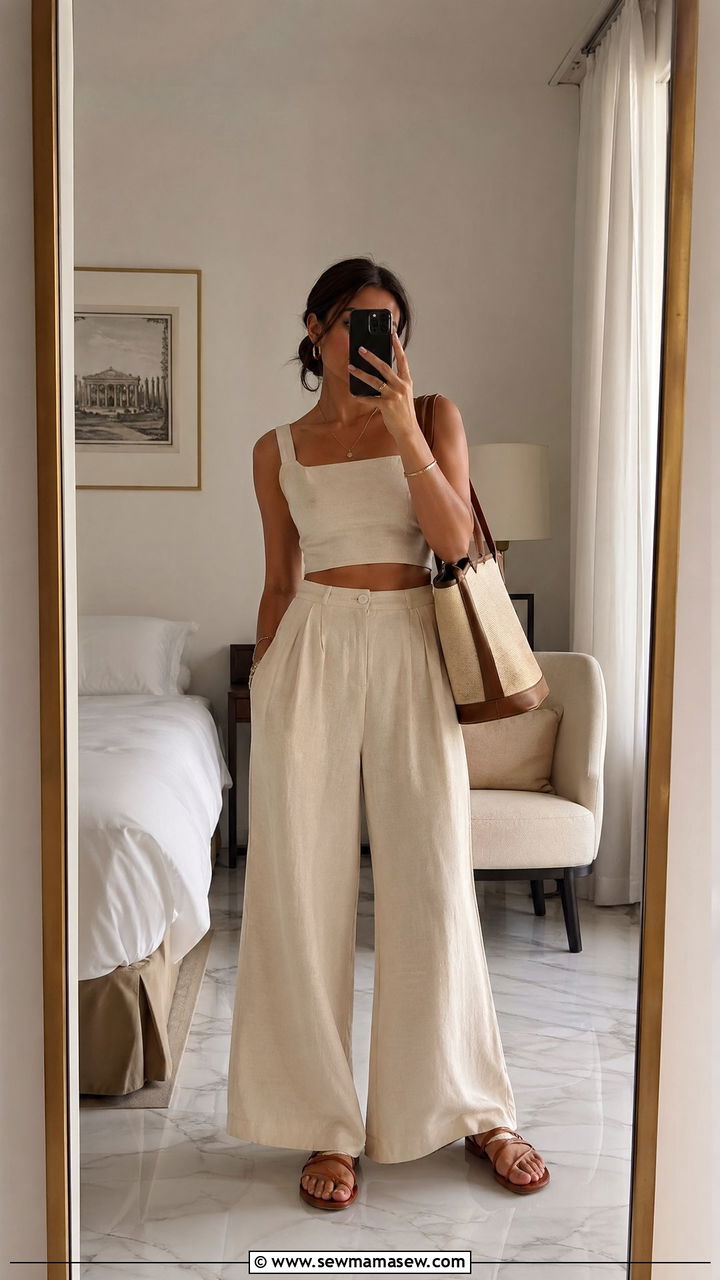 Wide Leg Linen Trousers With Cropped Tank - 35 cute European summer outfits
