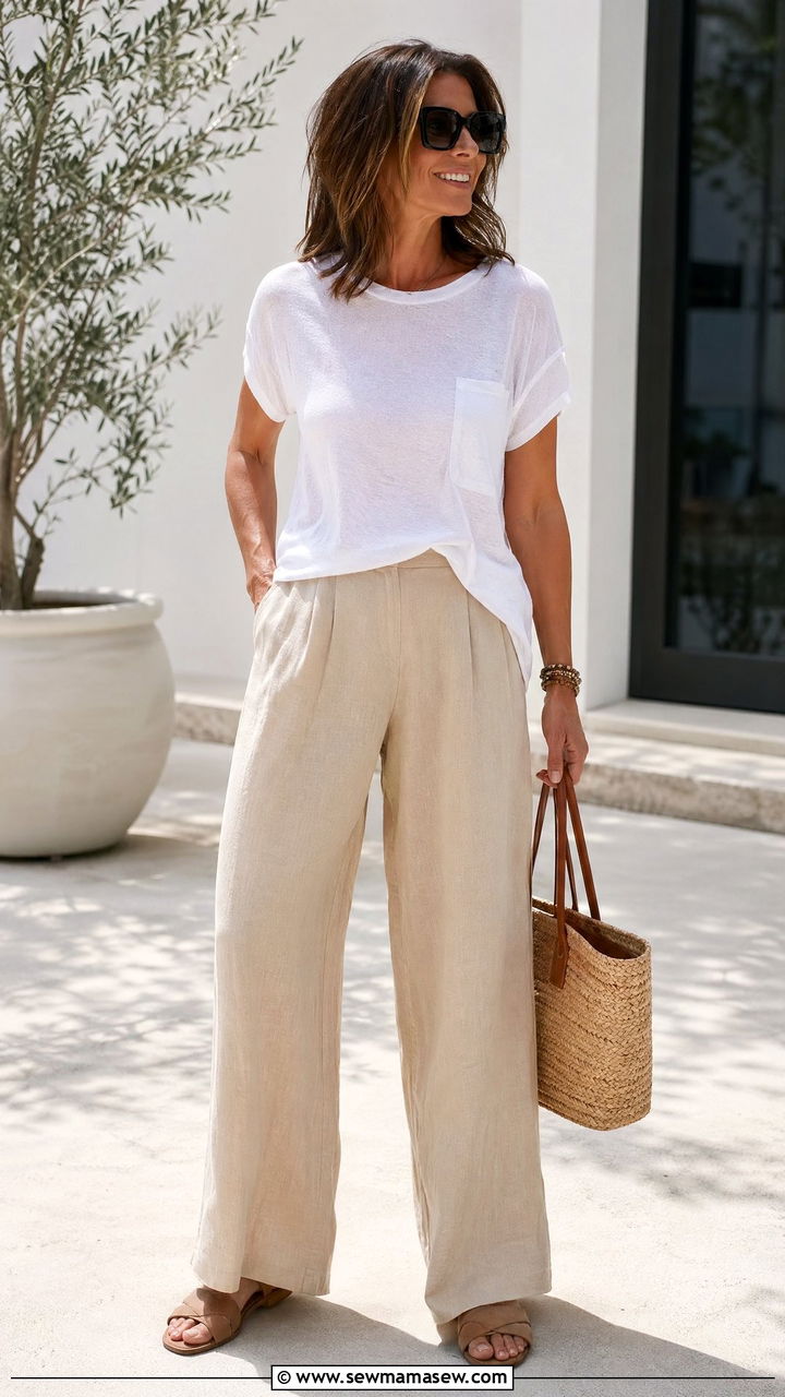 Wide Leg Linen Trousers With Slouchy Tee - 35 What to wear in summer for women over 40