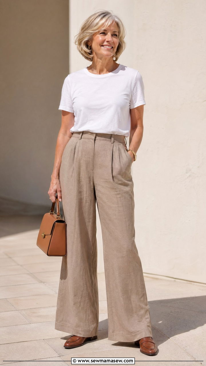 Wide Leg Linen Trousers with Cotton Tee and Loafers - 35 Spring outfits for women over 50