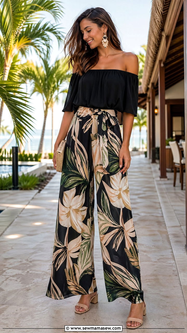 Wide Leg Palazzo Pants With Off Shoulder Top - 35 wide leg pants outfits inspo