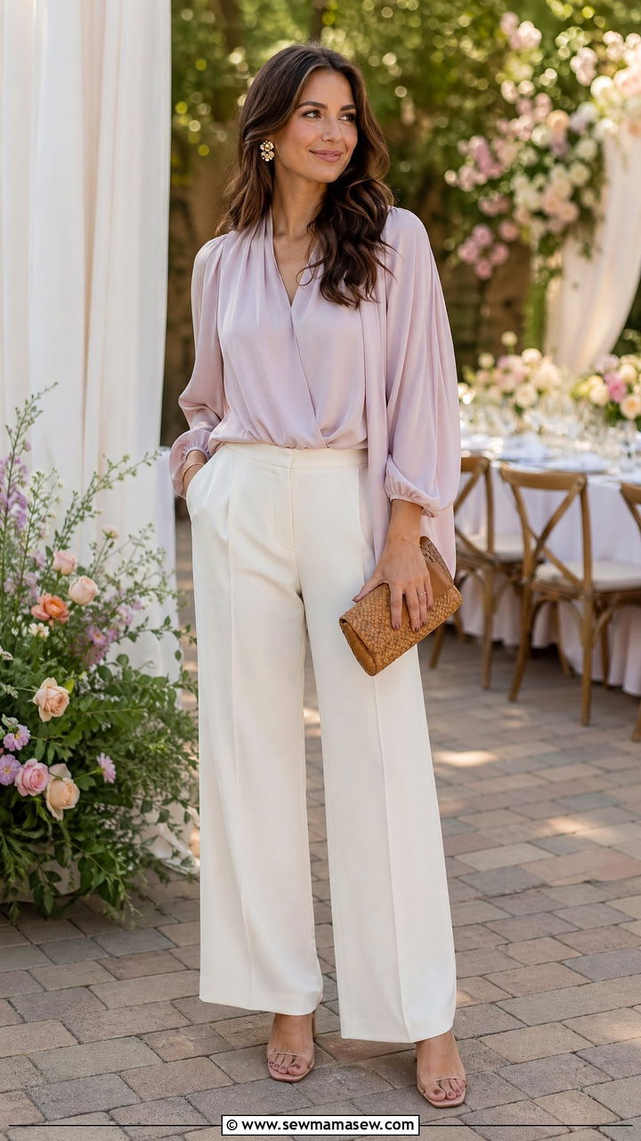 Wide Leg Pants And Drapey Blouse - 35 summer baby shower outfit ideas