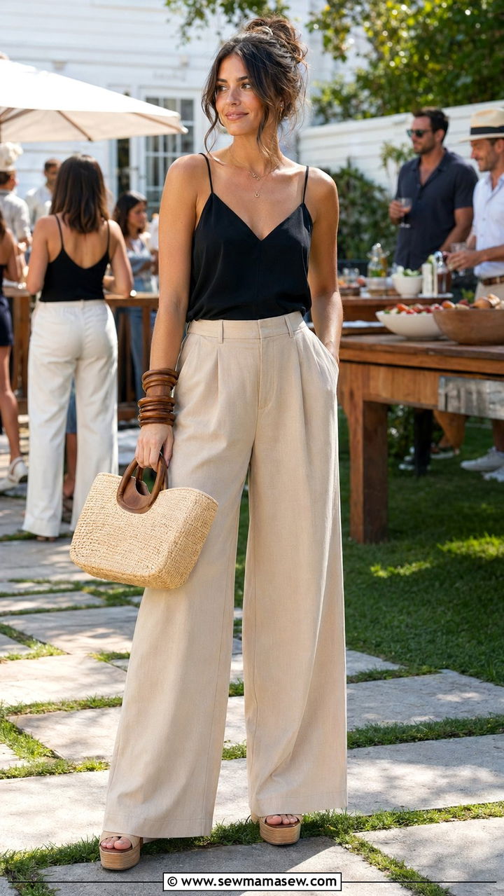 Wide Leg Pants And Fitted Cami BBQ Outfit - 30 BBQ party outfit ideas