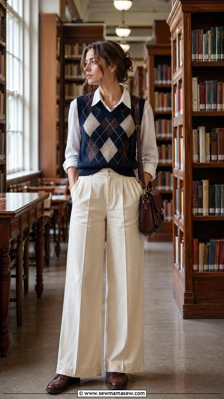 Wide Leg Pants With Argyle Sweater Vest - 35 wide leg pants outfits inspo