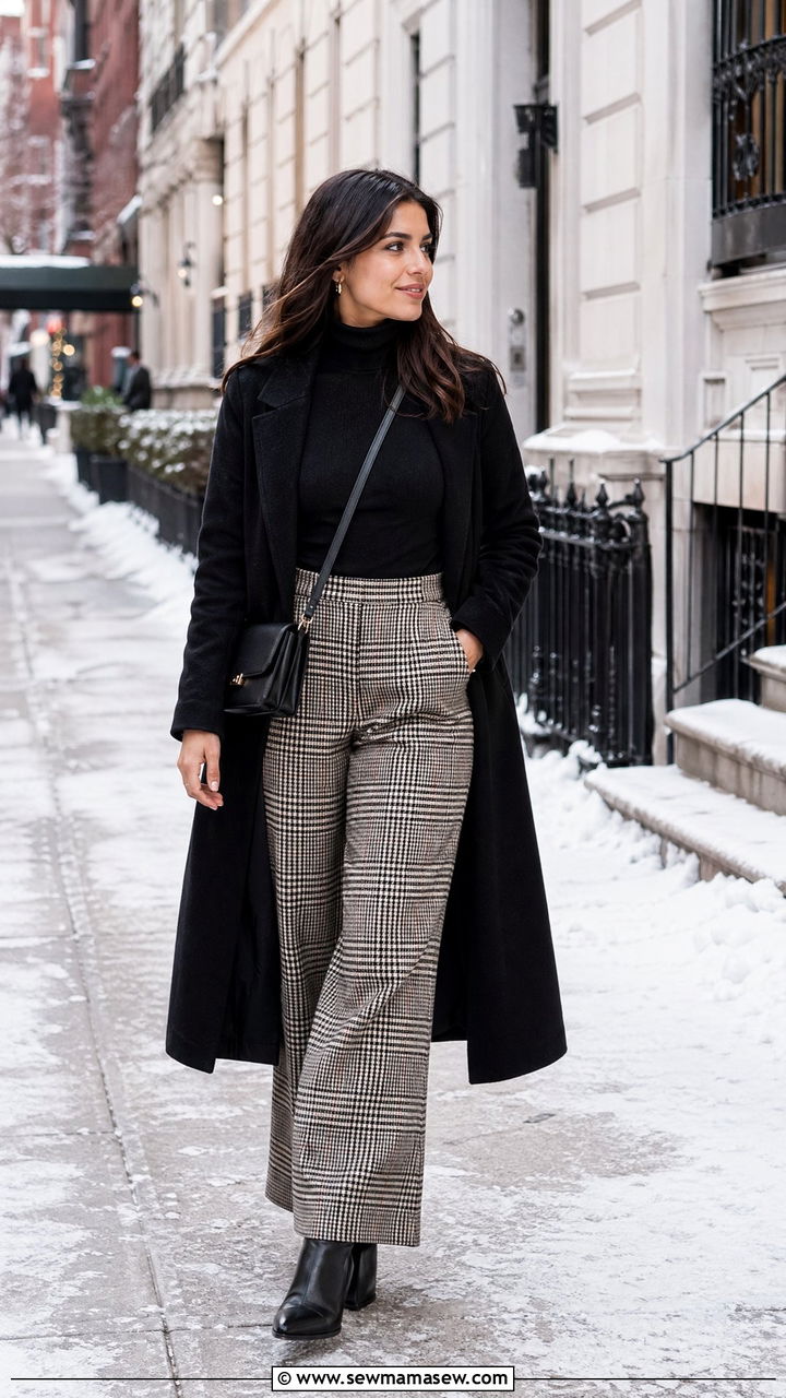 Wide Leg Pants With Black Turtleneck And Plaid - 35 wide leg pants outfits for women