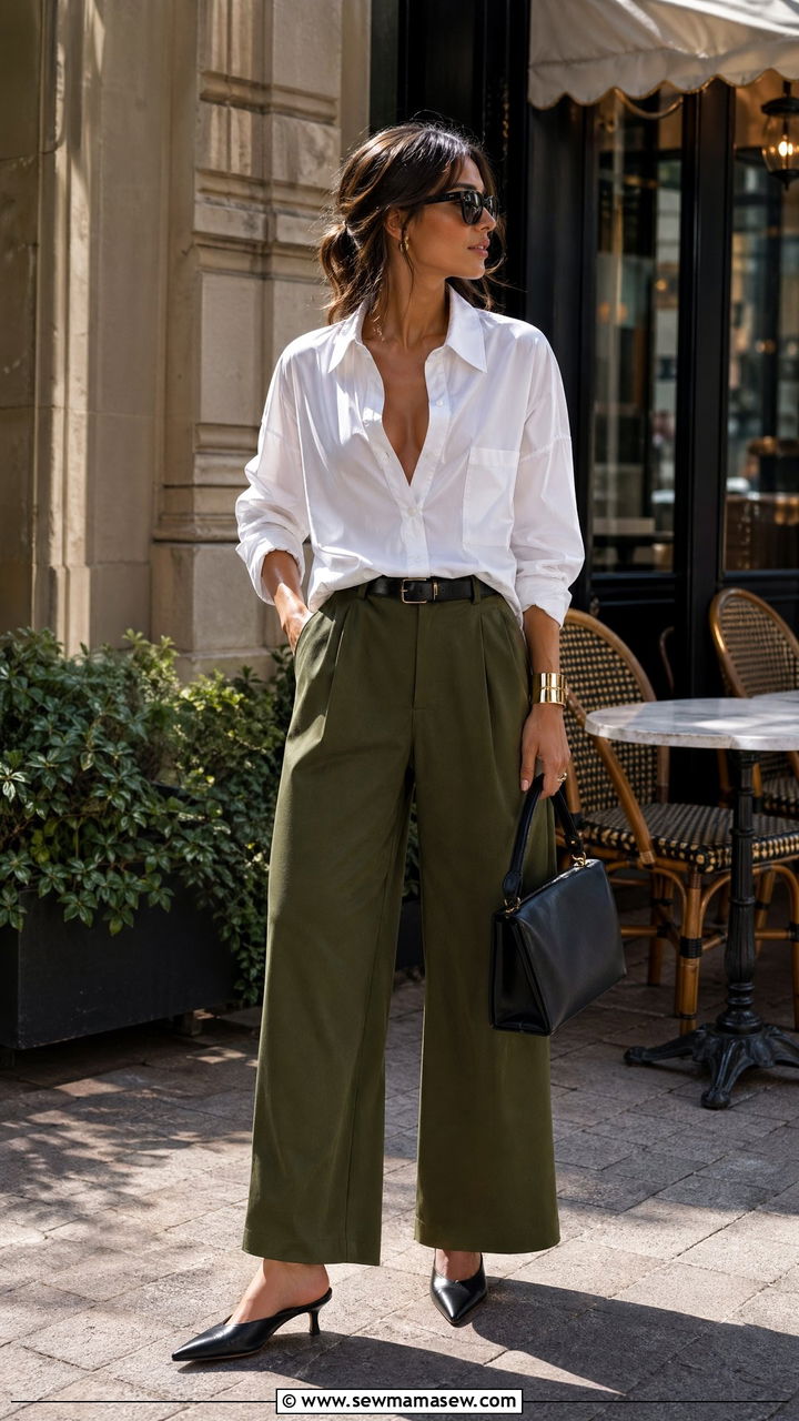 Wide Leg Pants With Button Down Shirt And Mules - 35 wide leg pants outfits ideas