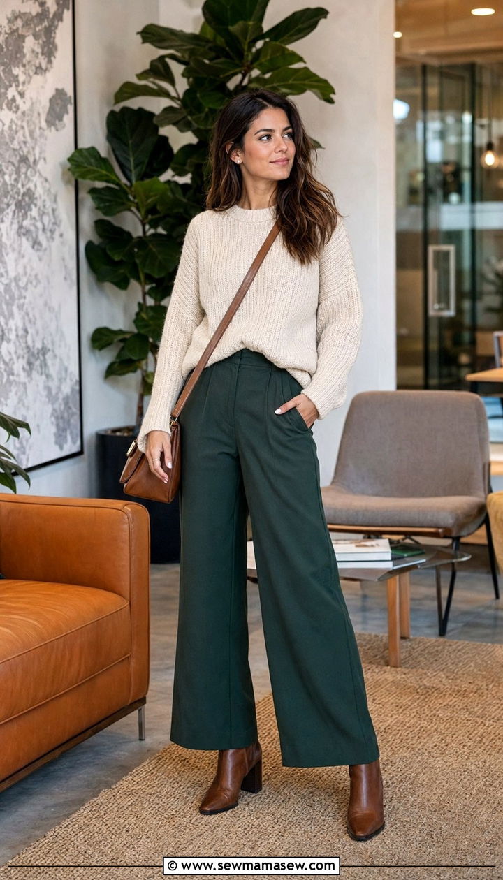 Wide Leg Pants With Chunky Knit Sweater And Ankle Boots - 30 Wide leg pants outfit ideas for work
