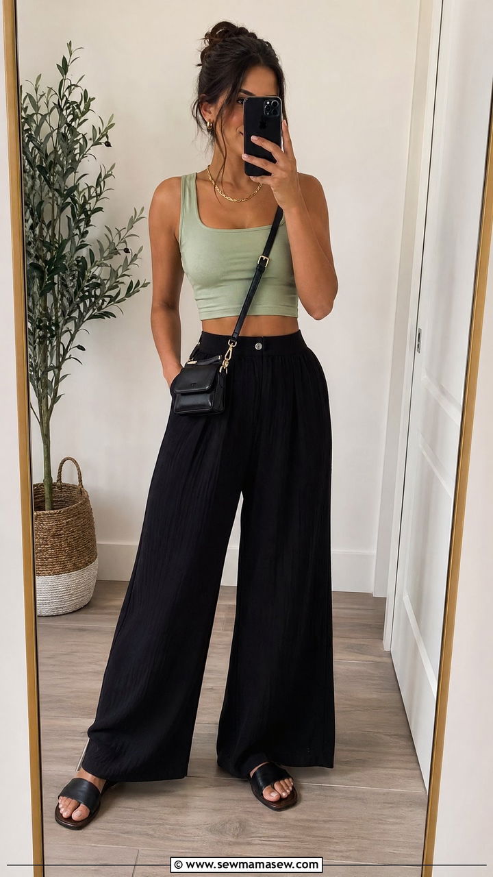 Wide Leg Pants With Crop Top And Sandals - 35 wide leg pants outfits ideas