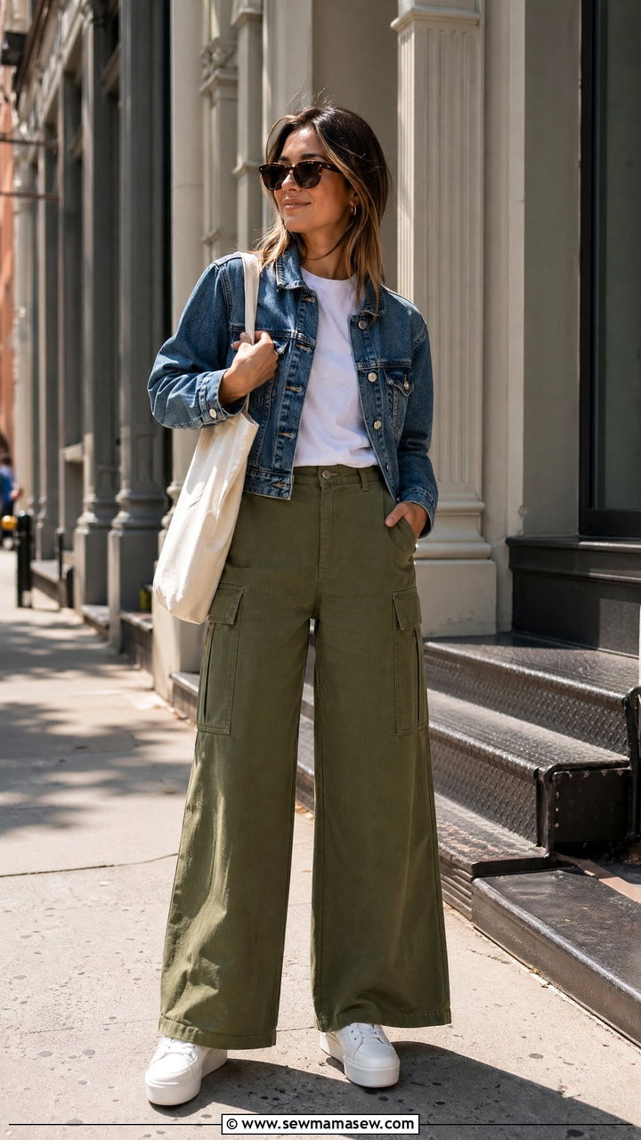 Wide Leg Pants With Cropped Denim Jacket - 35 wide leg pants outfits for women