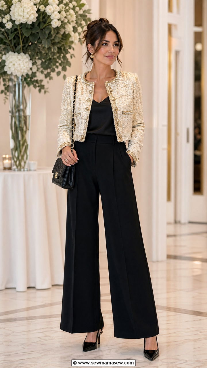 Wide Leg Pants With Cropped Jacket And Heels - 35 wide leg pants outfits ideas