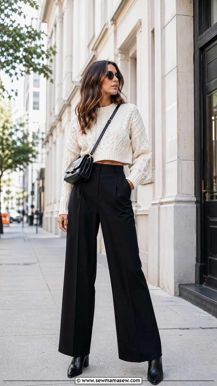Wide Leg Pants With Cropped Sweater - 35 wide leg pants outfits for women