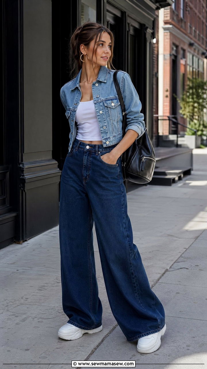 Wide Leg Pants With Denim Jacket And Sneakers - 35 wide leg pants outfits ideas