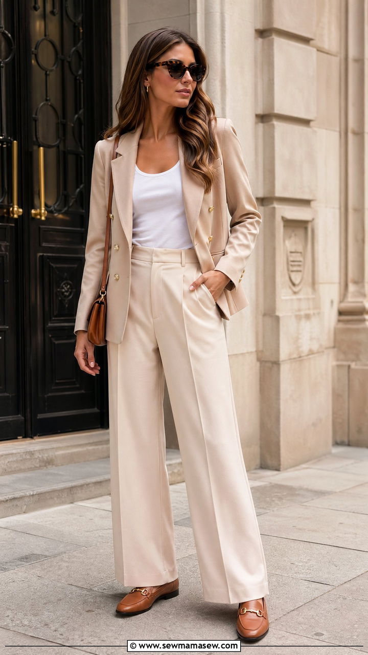 Wide Leg Pants With Double Breasted Blazer And Loafers - 35 wide leg pants outfits ideas