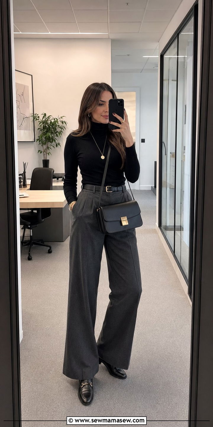 Wide Leg Pants With Fitted Turtleneck And Loafers - 30 Wide leg pants outfit ideas for work