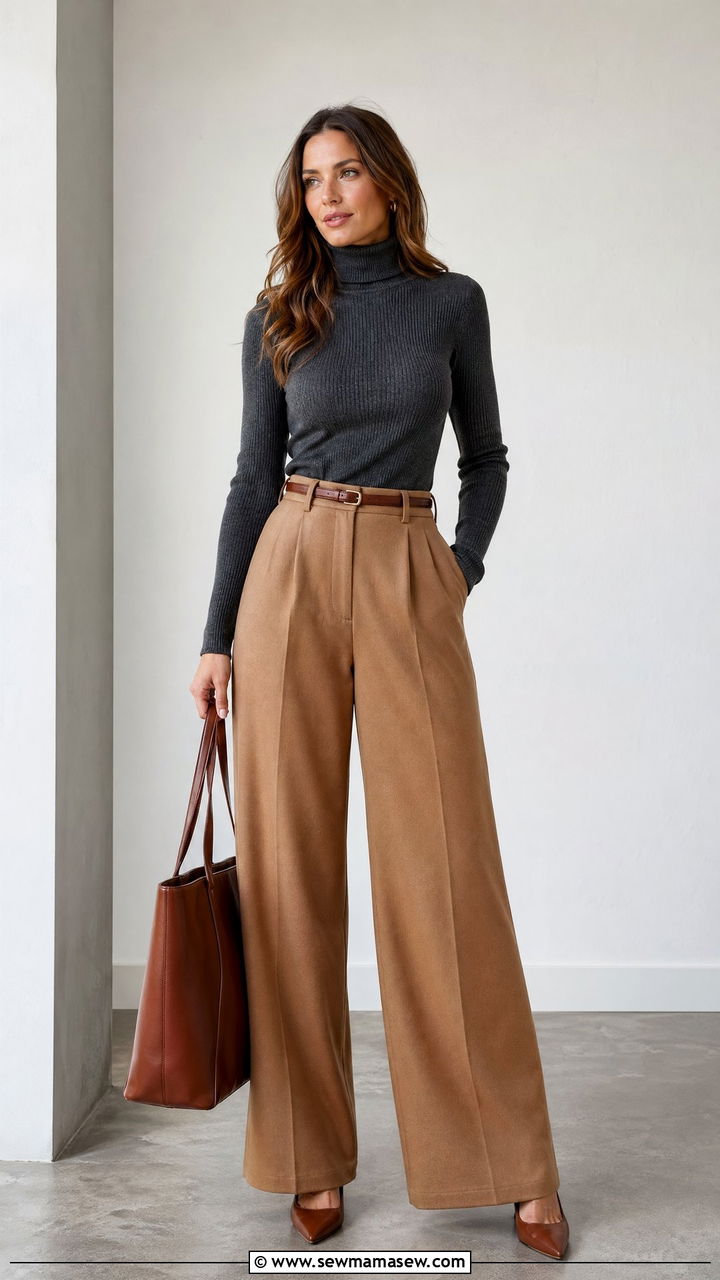 Wide Leg Pants With Fitted Turtleneck - 35 wide leg pants outfits for women