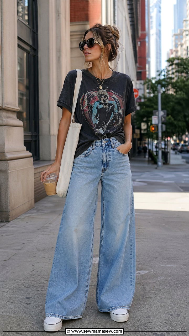 Wide Leg Pants With Graphic Tee - 35 wide leg pants outfits for women
