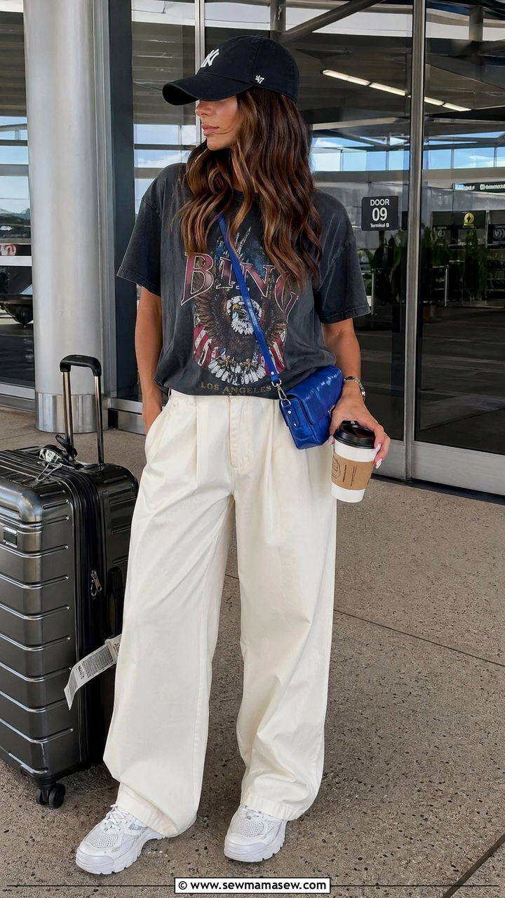 Wide Leg Pants With Graphic Tee And Chunky Sneakers - 35 wide leg pants outfits ideas