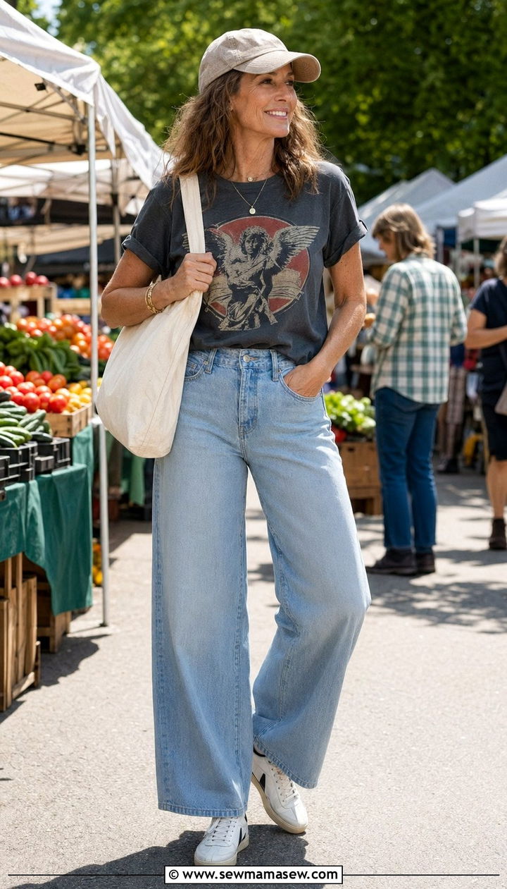 Wide Leg Pants With Graphic Tee and Retro Sneakers - 30 wide leg pants outfits for women over 40