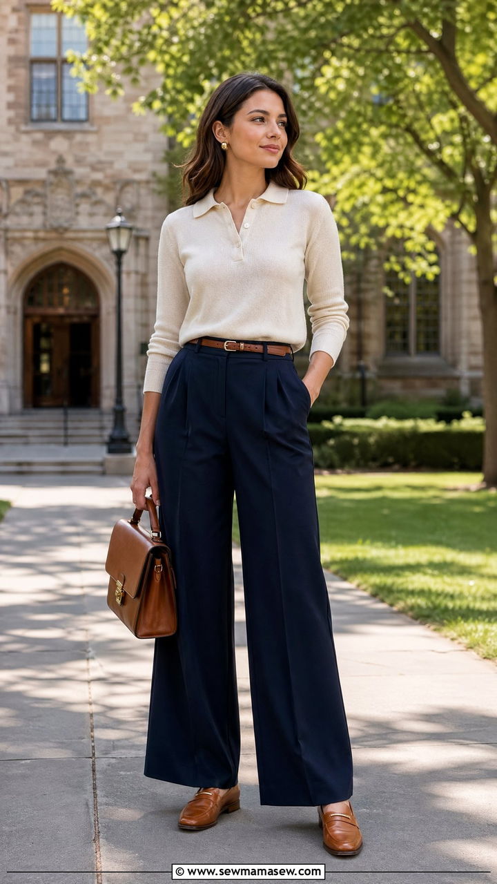 Wide Leg Pants With Knit Polo Shirt - 35 wide leg pants outfits for women