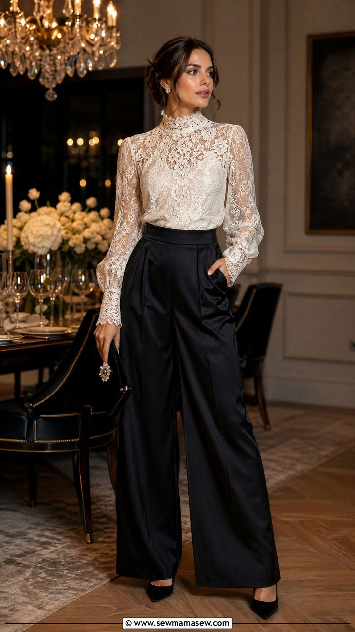 Wide Leg Pants With Lace Top And Heels - 35 wide leg pants outfits ideas