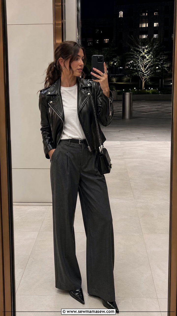 Wide Leg Pants With Leather Jacket - 35 wide leg pants outfits for women