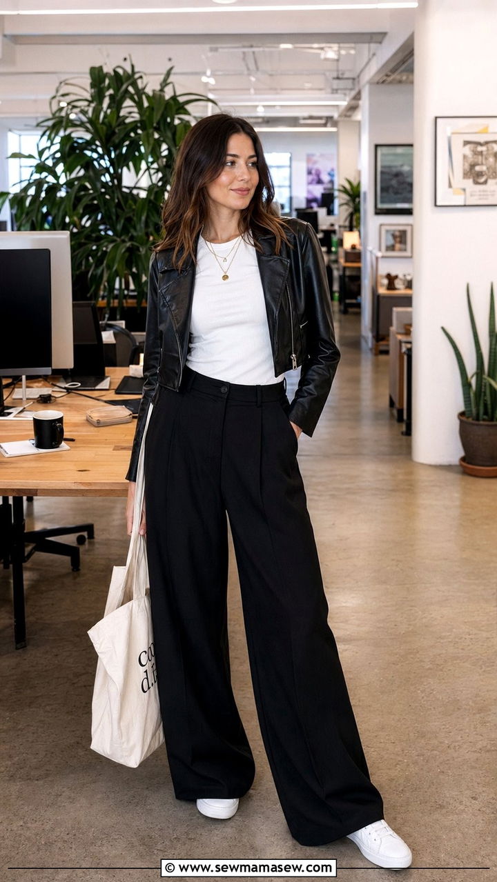 Wide Leg Pants With Leather Jacket And Sneakers - 30 Wide leg pants outfit ideas for work