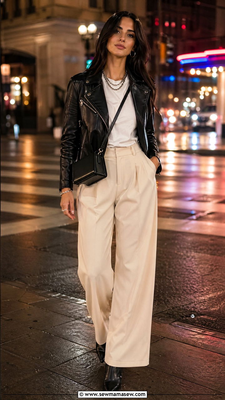 Wide Leg Pants With Leather Jacket - 35 wide leg pants outfits inspo