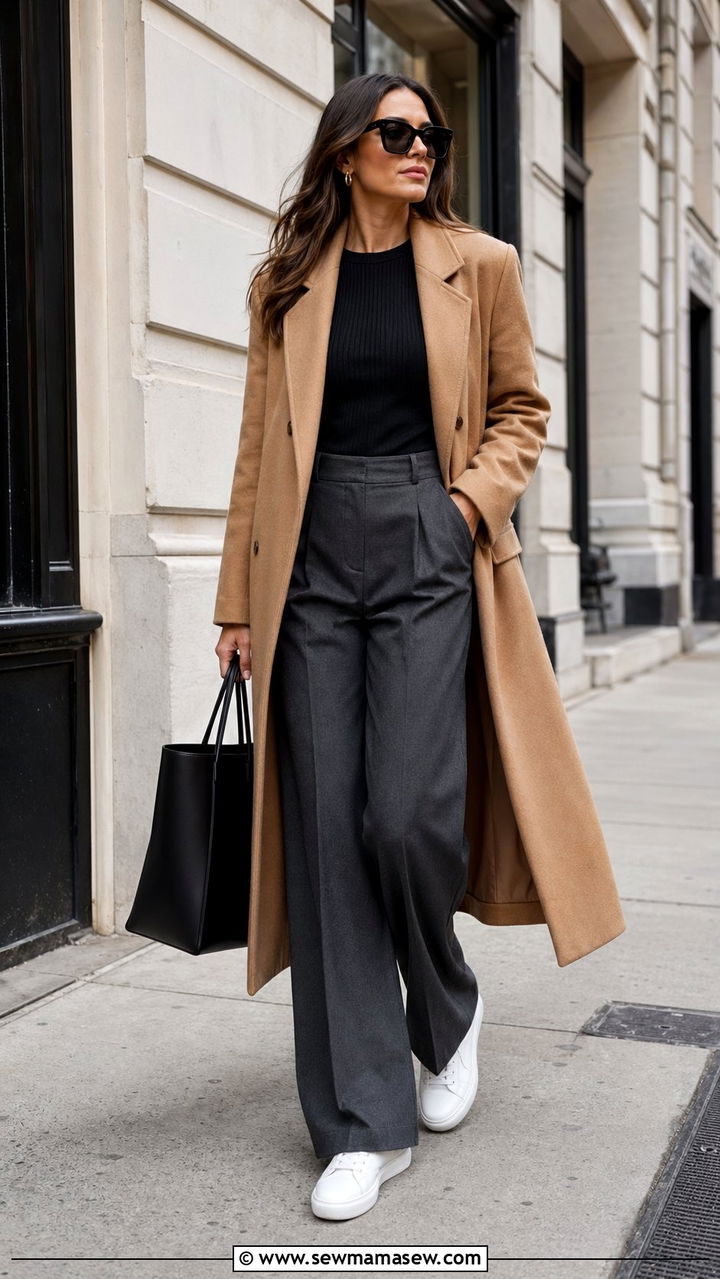 Wide Leg Pants With Long Coat And Clean Sneakers - 30 Wide leg pants outfit ideas for work