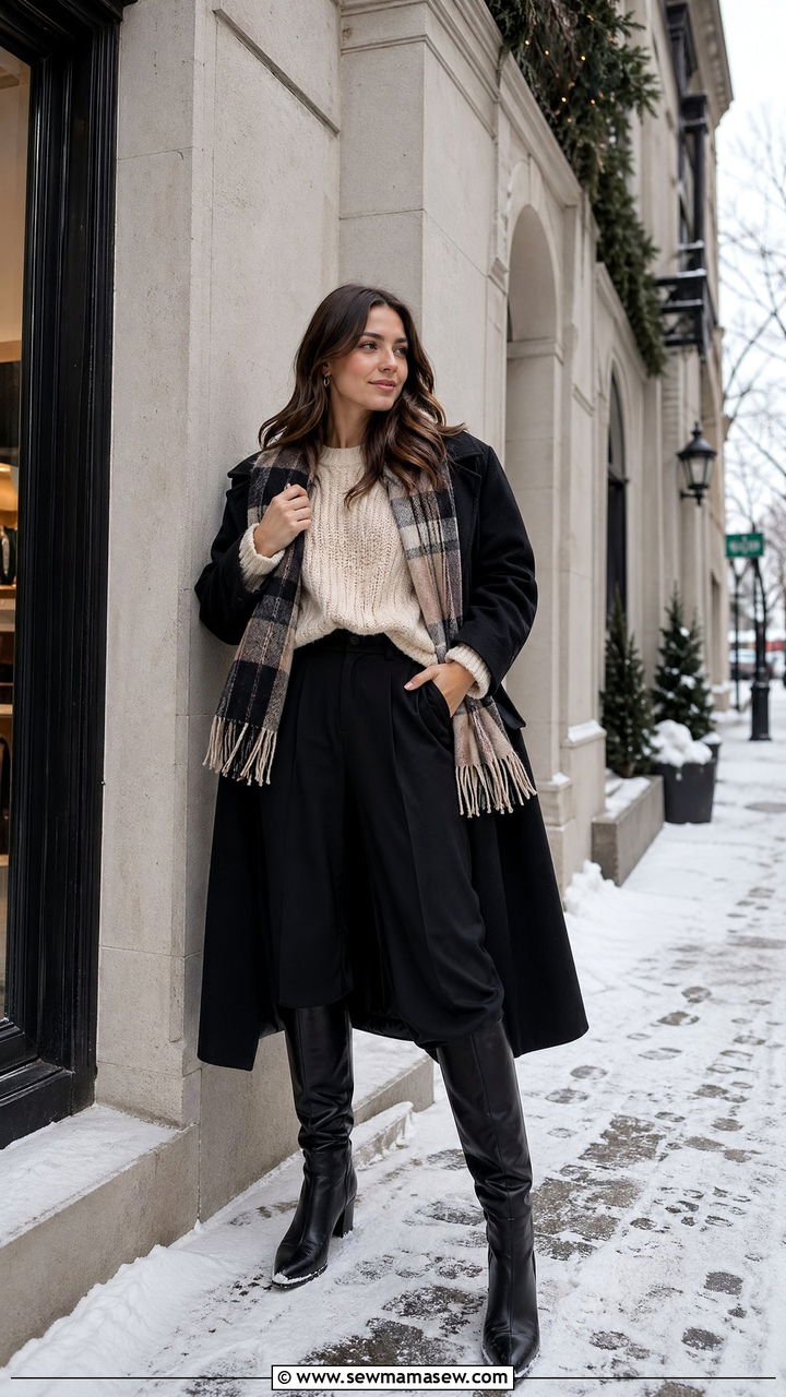 Wide Leg Pants With Oversized Sweater And Knee High Boots - 35 wide leg pants outfits ideas
