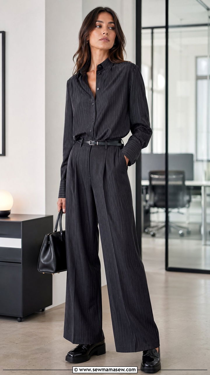 Wide Leg Pants With Pinstripe Shirt And Loafers - 35 wide leg pants outfits ideas