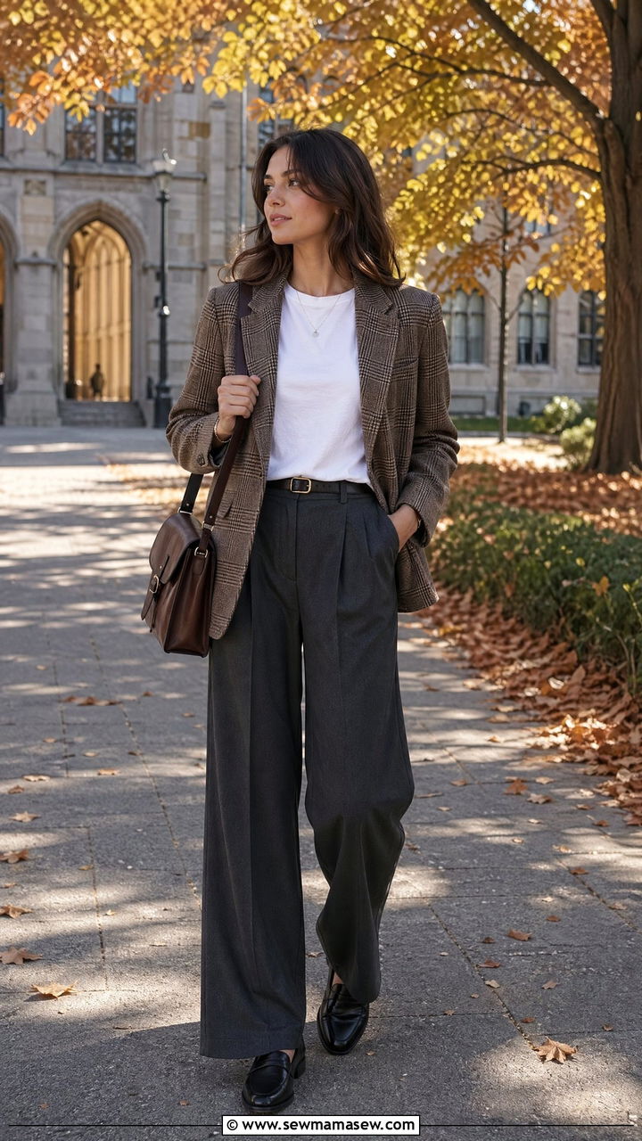 Wide Leg Pants With Plaid Blazer - 35 wide leg pants outfits inspo