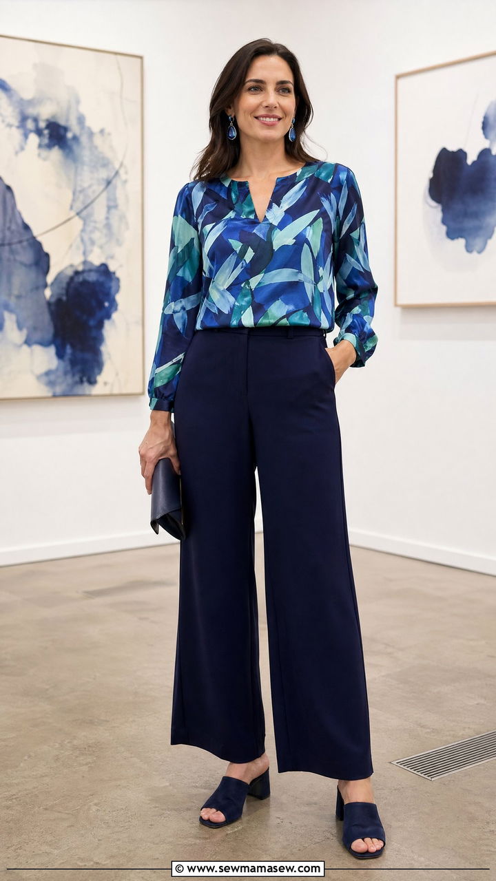 Wide Leg Pants With Printed Blouse And Mules - 35 wide leg pants outfits ideas